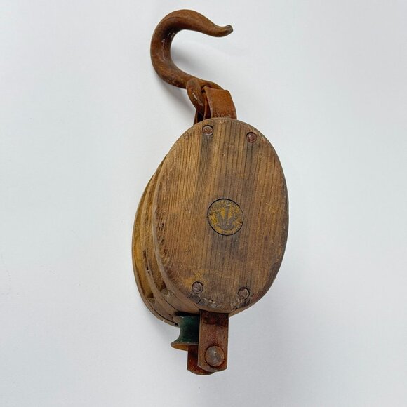 Antique Wooden Double Pulley Block w/ Metal Hook Rustic Farmhouse Barn Decor - Picture 2 of 14